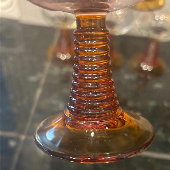 Vgt amber beehive stemmed wine or brandy glasses. Made in France MCM - Picture 6 of 6